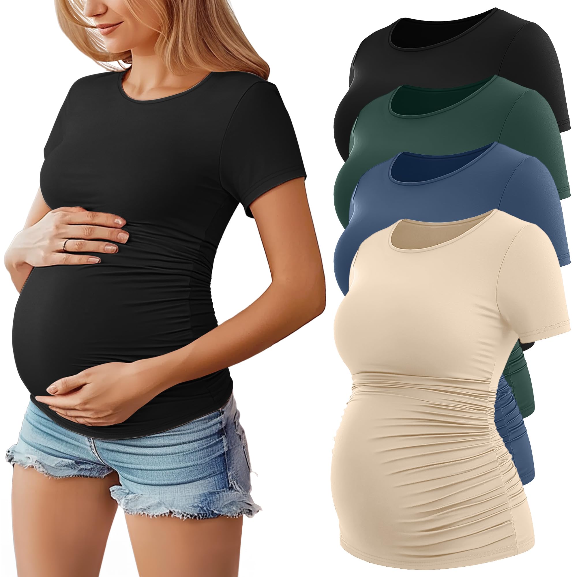 Huukeay 4 Pack Women's Maternity Shirts, Crew Neck Maternity Top Short Sleeve Casual Cotton Tee Side Ruched Pregnancy Clothes