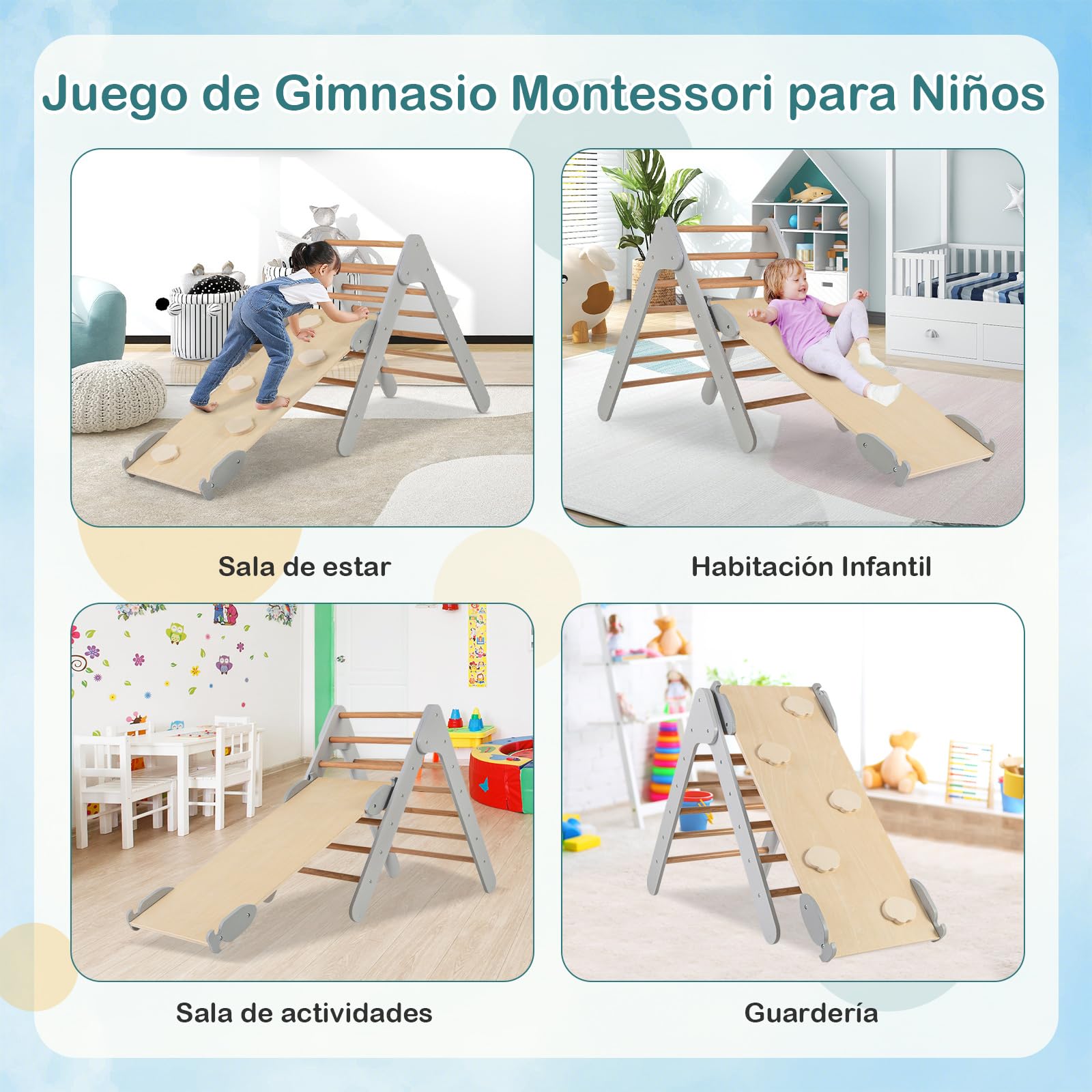 COSTWAY 3 en 1 Triángulo de Escalada con Rampa Ajustable para Escalar y Deslizarse, Escalador Triangular de Madera, Juguetes Triangulares de Escalada para Niños