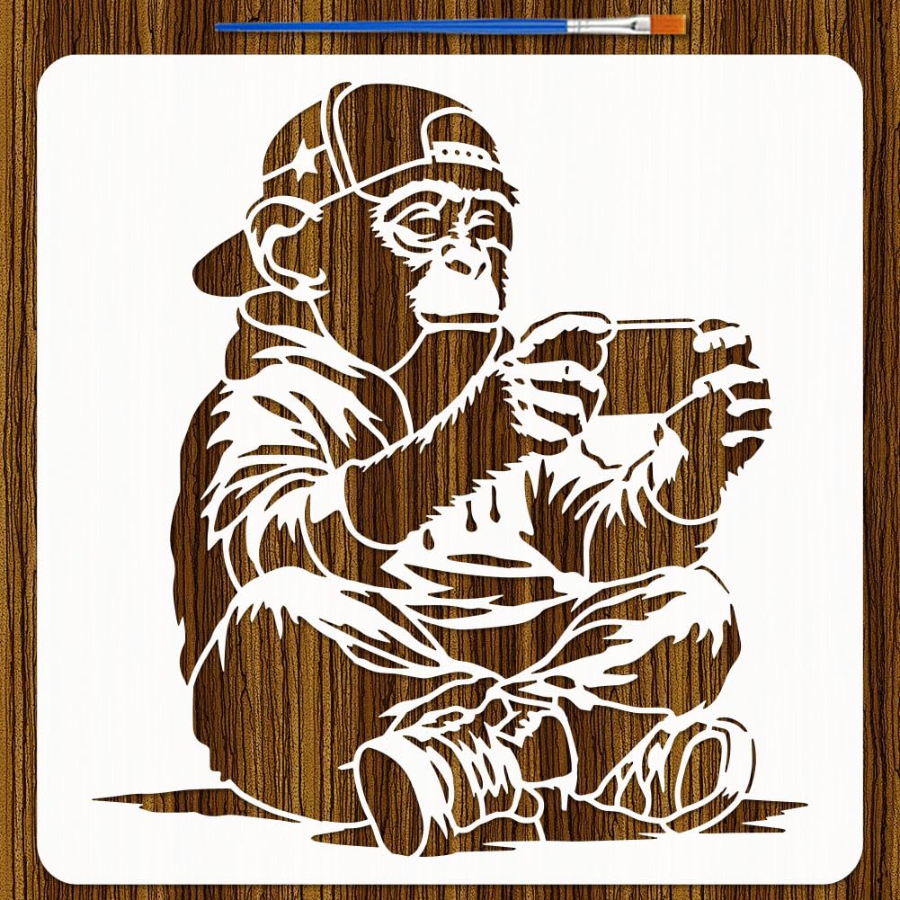 FINGERINSPIRE Game Console Monkey Painting Stencil with Paint Brush 30x30cm Reusable Banksy Monkey Drawing Template Plastic PET Game Console Stencil Animal Theme Template for Wall Decoration