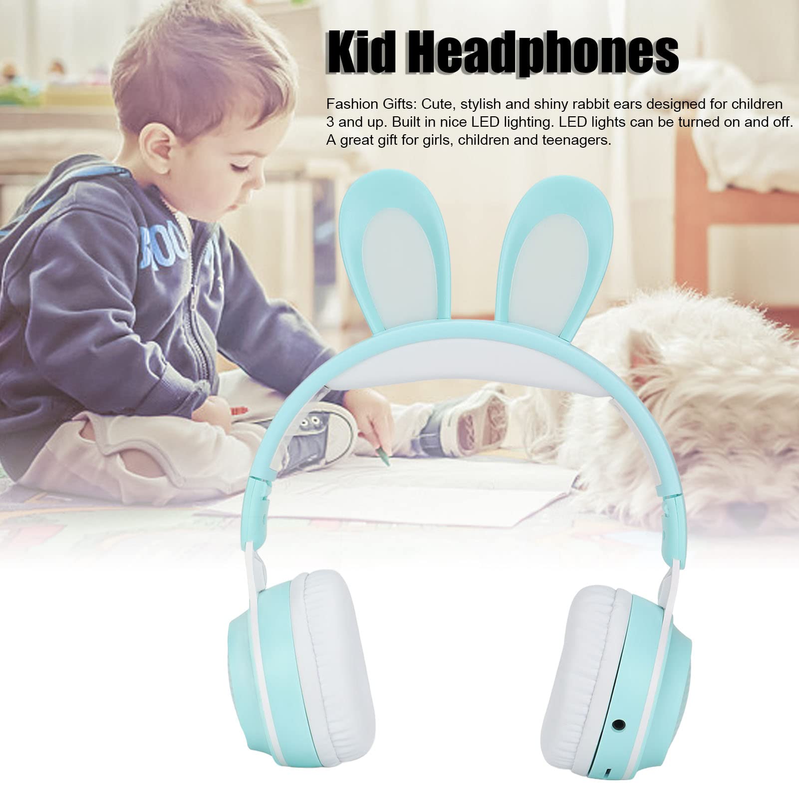 Auriculares para Niños, Auriculares Bluetooth 5.0 con Oreja de Conejo, Auriculares Inalámbricos Plegables con Luz LED sobre la Oreja, Soporte TF/AUX, Regalos para Niños, Niños Pequeños,(Verde)