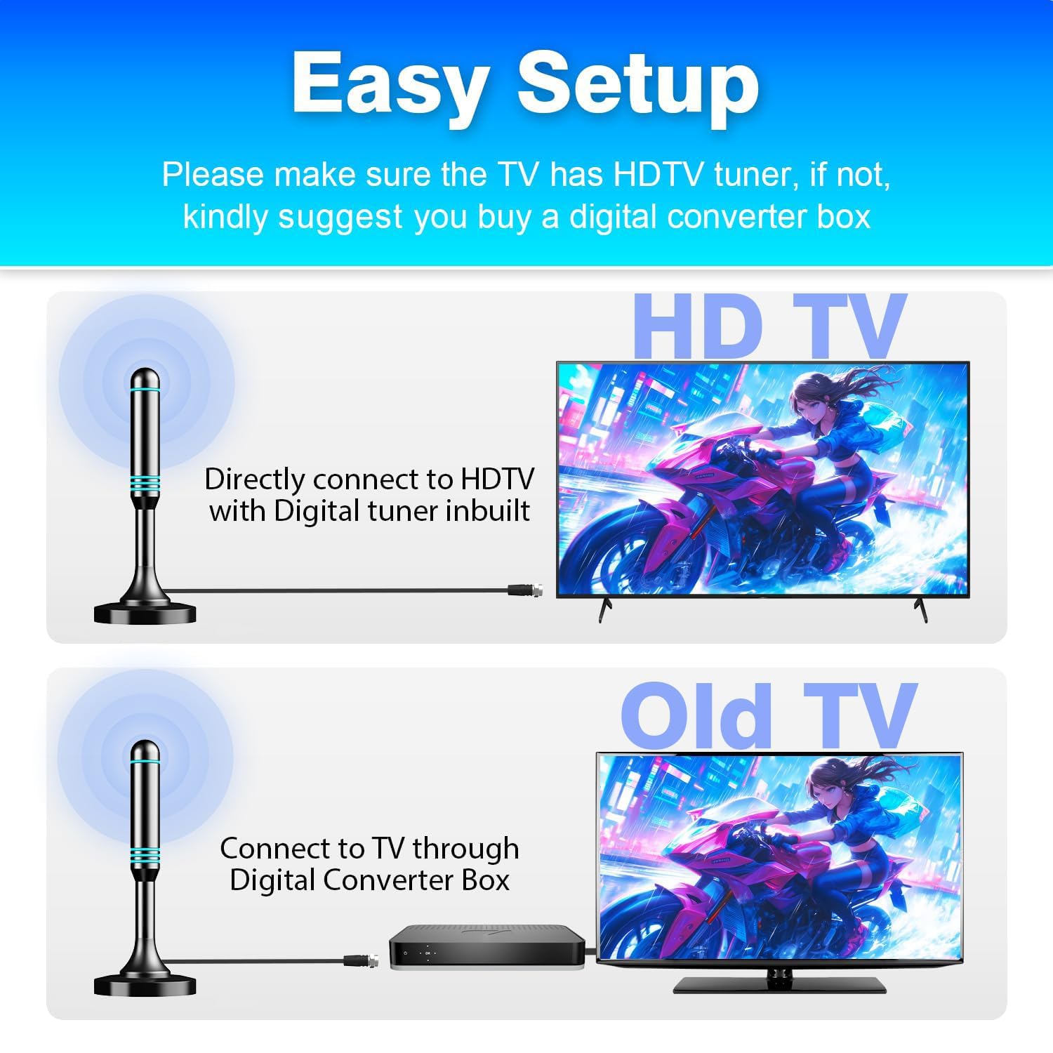 Antenna TV per interni, antenna digitale HDTV a lungo raggio da 280 miglia con base magnetica, ricezione 4K 1080p, nero, cavo coassiale da 5 m per Smart TV