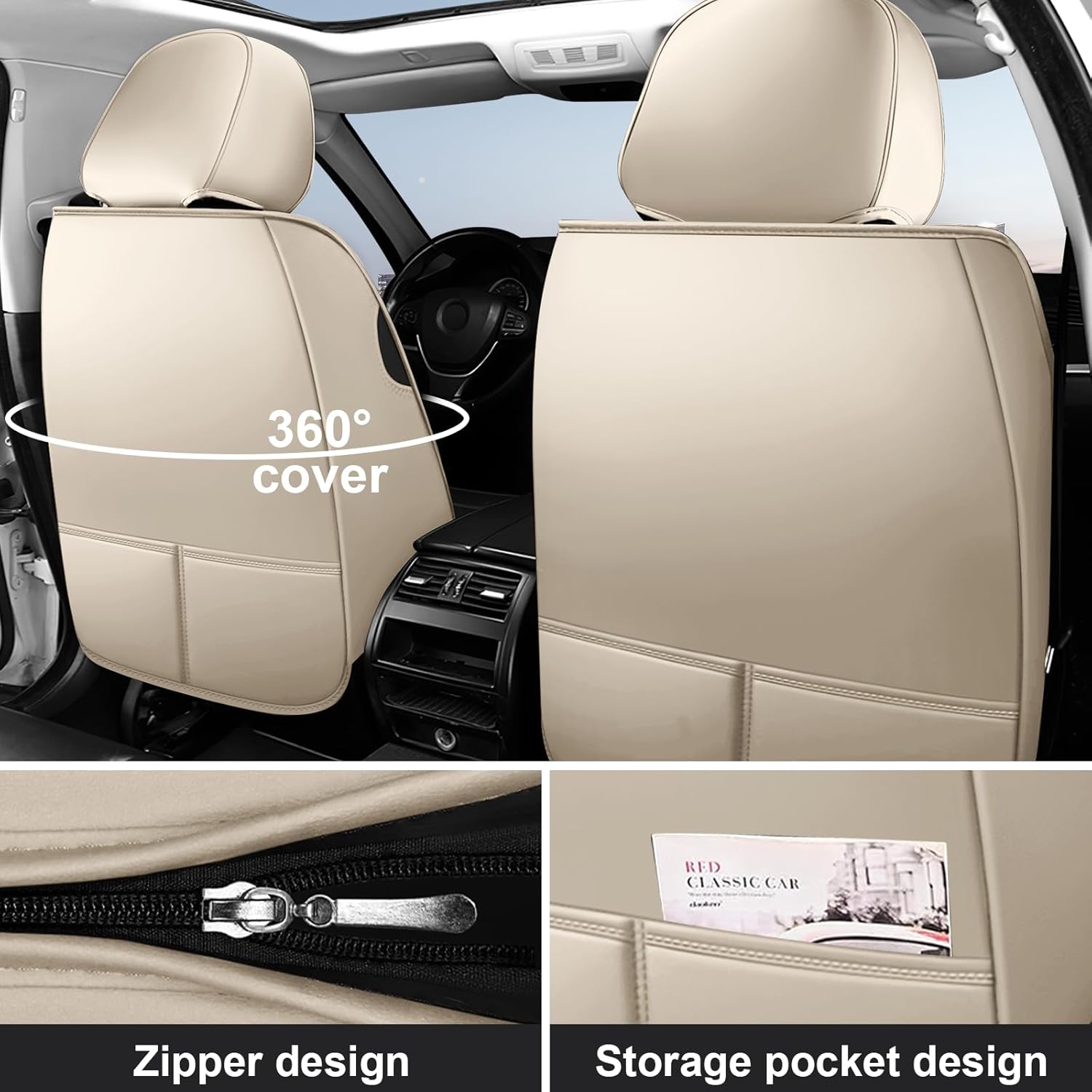 DHAEY Car Seat Covers for Lincoln Nautilus 2019-2025, Luxury Breathable Seat Cover, Nappa Leather, Wear-Resistant, Anti-Slip, Quick Installation, 2PCS Front, Beige
