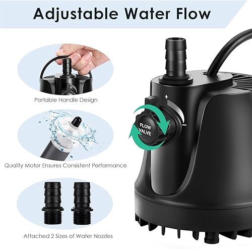 Miniatura 3 de AQQA Bomba de agua sumergible para acuario de 265-800 GPH con interruptor ajustable, eliminación de agua y bomba de limpieza de sumidero de drenaje