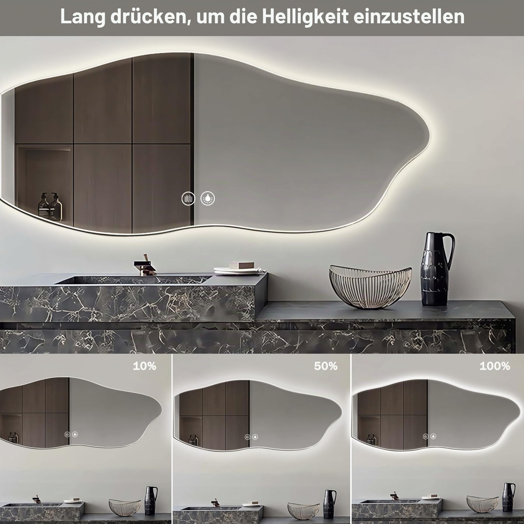 LED Spiegel Bad 120x60cm, Asymmetrischer Beleuchteter Badezimmerspiegel mit Touch-Schalter, 3 Lichtfarben, Dimmbar, Memory-Funktion, Beschlagfreier Wandspiegel, Gehärtetes Glas