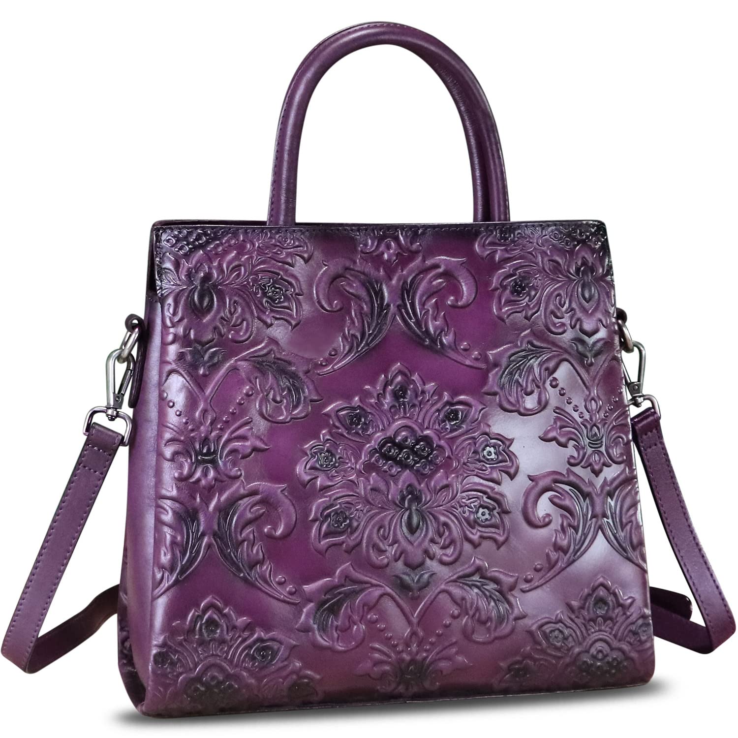 Genuine Leather Satchel for Women Top Handle Handbag Handmade Embossed Vintage Satchel Retro Crossbody Handbags Purse Hobo Bag (Purple)