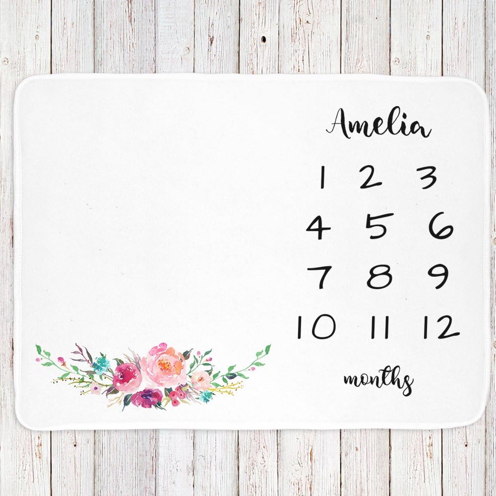 Personalized Monthly Milestone Baby Blanket, Girls Floral Bouquet, Fleece White