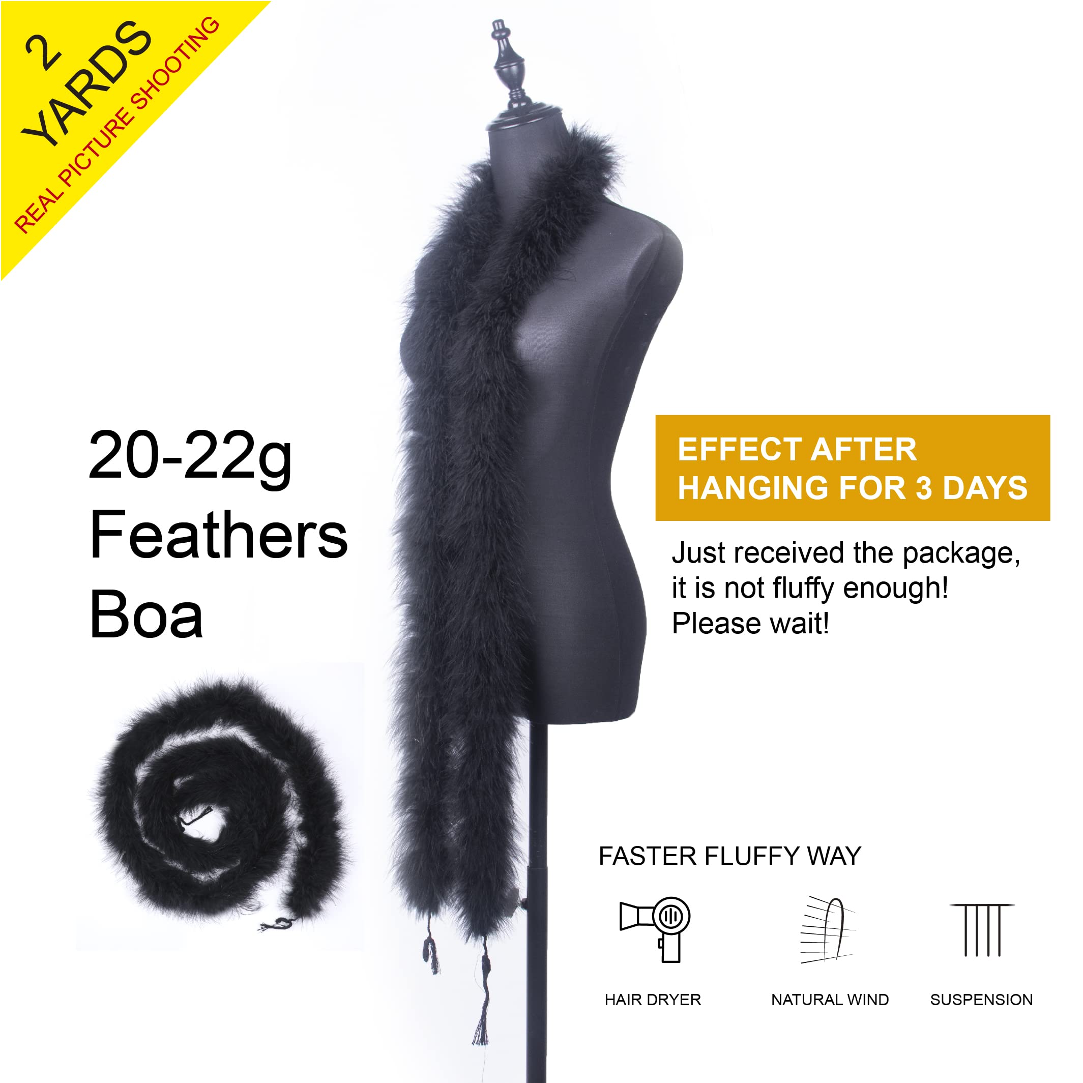 2 Yards 22G Fluffy Marabou Black Feather Boa for DIY Craft Sewing Trim Home Wedding Party Christmas Decoration - Image 2