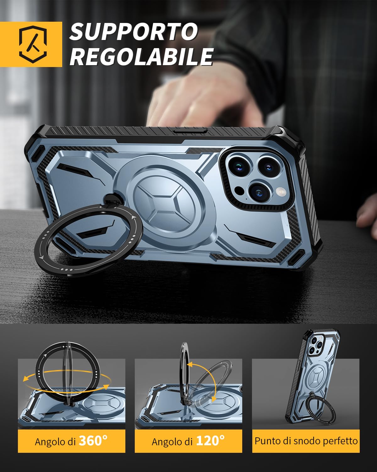 Lanhiem Cover per iPhone 13 Pro Max con 2 Pezzi Vetro Temperato, Supporto Magnetico Anello a 360° Protezione 14FT Antiurto Anticaduta Militare Armor Protezione, Custodia per iPhone 13 Pro Max, Blu