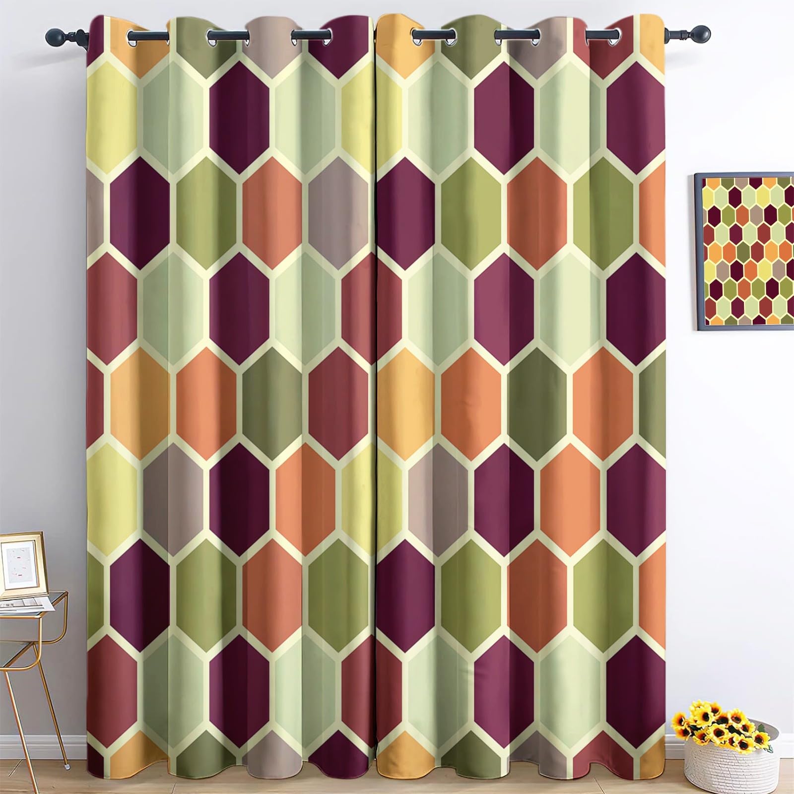 XCQHZYQ Blackout Curtains 63 Inches Long 2 Panels for Bedroom Living Room - Retro Geometric Hexagonal Honeycomb Pattern Patterned Room Darkening Thermal Grommet Window Treatments Drapes, 52 x 63 Inch