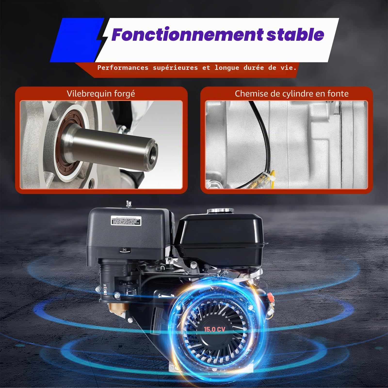 Moteur à essence 15 CV 4 temps monocylindre, Moteur fixe monocylindre pour Go-Karts, 9,7 kW 420 CC 3600 tr/min, Moteur d'entraînement portable avec fonction de protection contre le manque d'huile pour