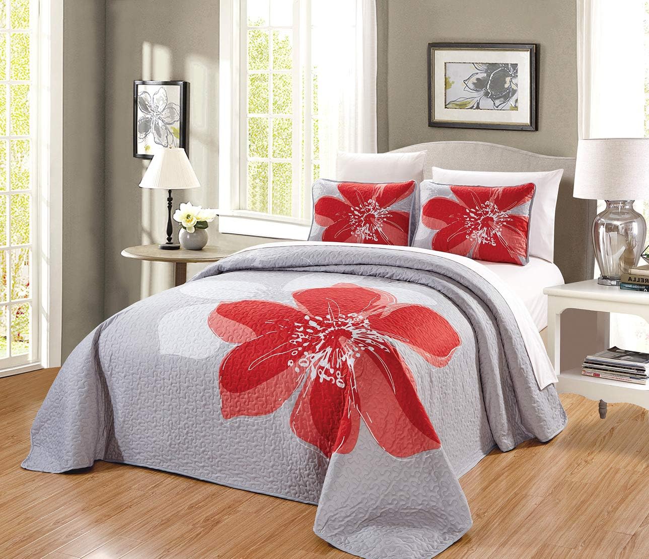 Grand Linen - 3-Piece Fine Printed Oversize (118 X 95) Quilt Set Reversible Bedspread Coverlet (California) Cal King Size Bed Cover (Coral Orange, Grey, White Hibiscus Floral)