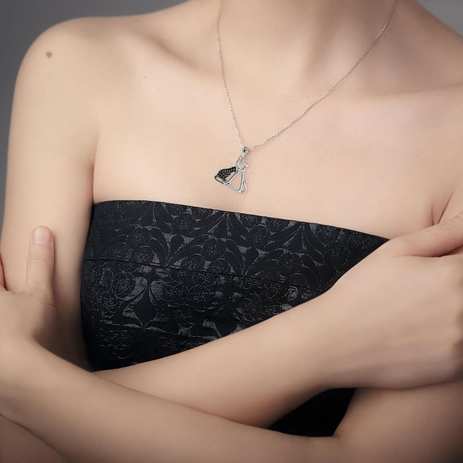Double Cat Pendant Necklace, Silver, Stainless Steel with Zircon Gemstone, Lobster Clasp, 17.7 Inch Chain