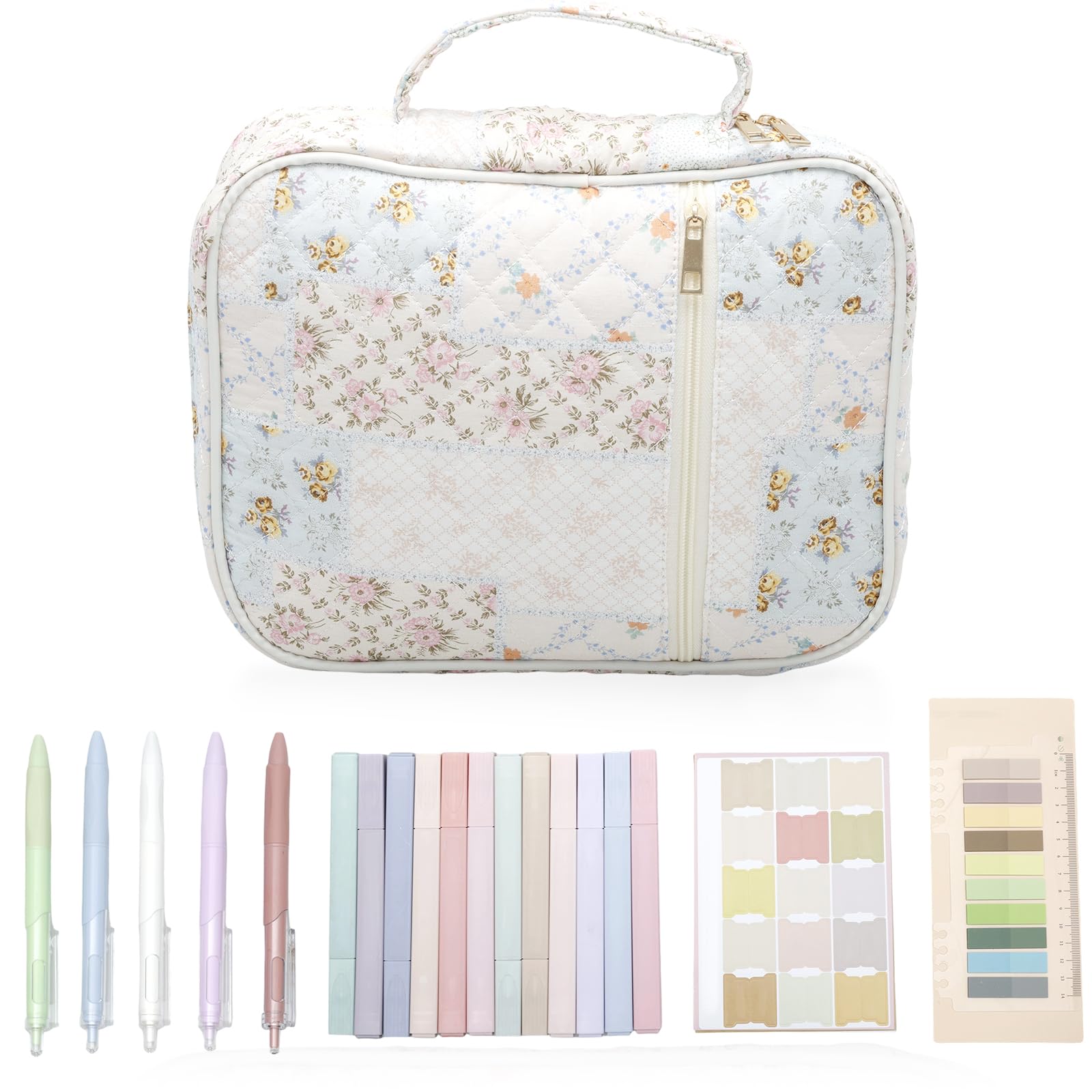 YUNYOUC Bible Study Kit with Carrying Case for Women, Quilted Cotton Bible Bag with 12 Highlighters, 5 Pens, 75 Bookmarks & 200 Labels, Floral Journaling Set for Church & Home (Floral Plaid)