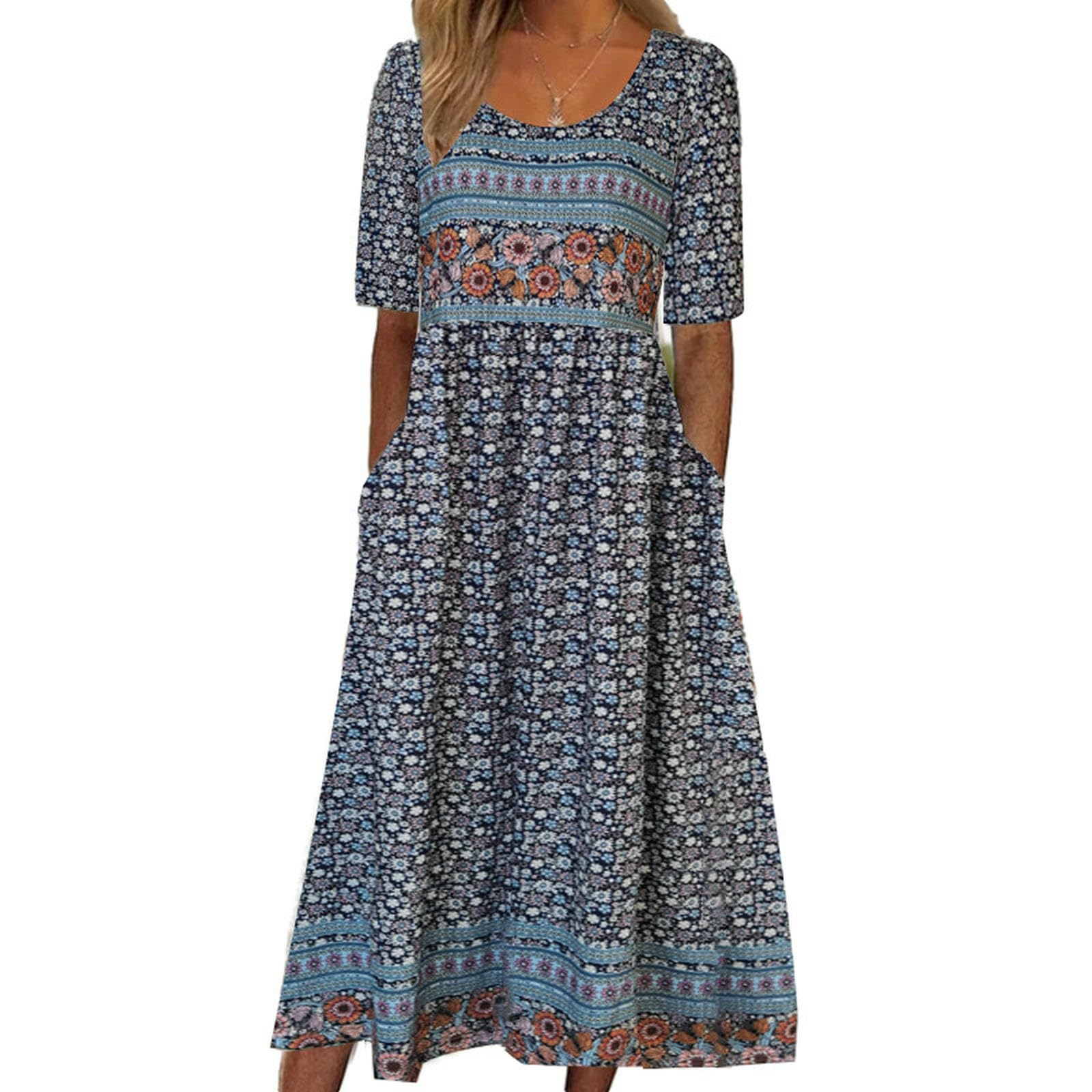 Abiti da Donna Abito Lungo A Manica Corta da Donna Rotonda da Donna con Abito Stampato-c-XL