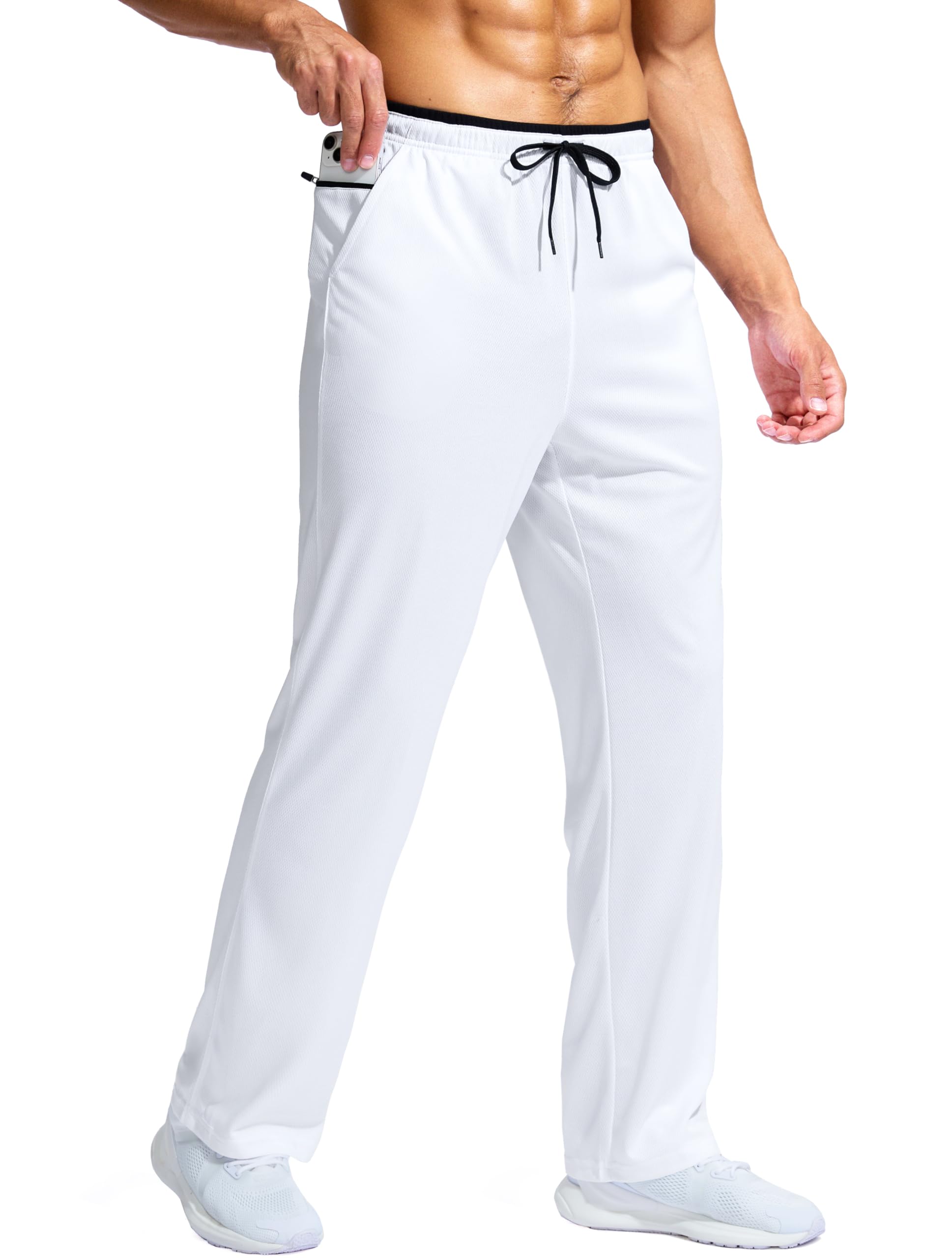 Pudolla Men's Sweatpants Wide Leg Quick Dry Pants with Zipper Pockets Sweatpants for Men Big and Tall(White Black S)