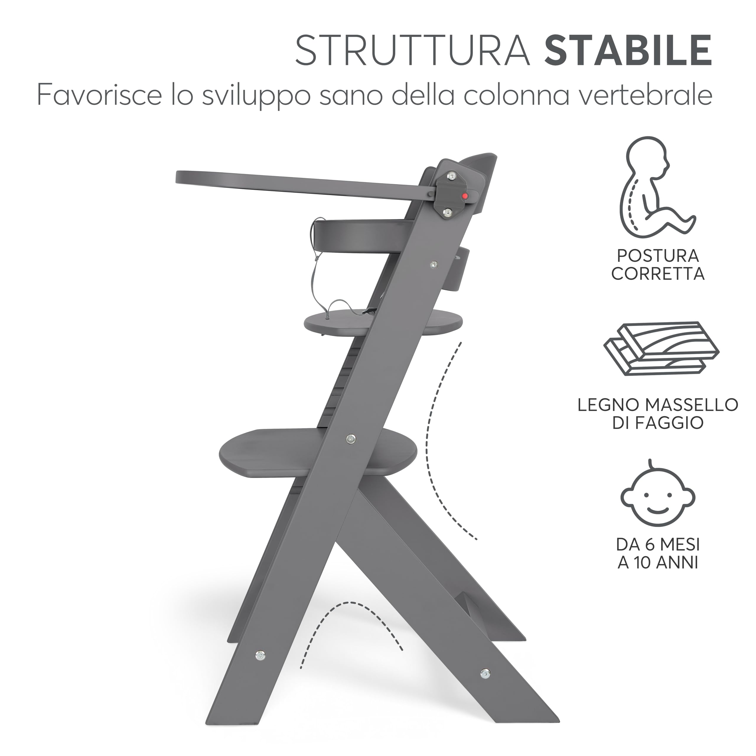 KikkaBoo NORDY Seggiolone in Legno per Bebè, Sedia Regolabile fino a 35 kg, Struttura in Faggio, Vassoio Rimovibile, Seduta e Poggiapiedi Regolabili, Barra di Sicurezza,Cintura a 3 Punti, Grigio Scuro