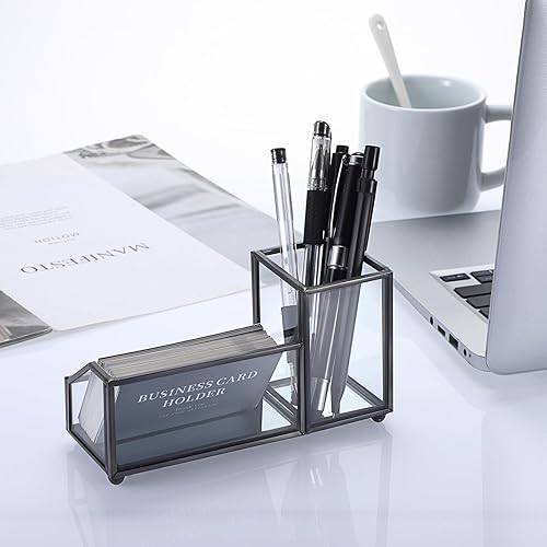 Miniatura 8 de Hipiwe Tarjetero de cristal para tarjetas de presentación de metal, para lápices, para escritorio, transparente, para oficina y hogar, 2 ranuras,