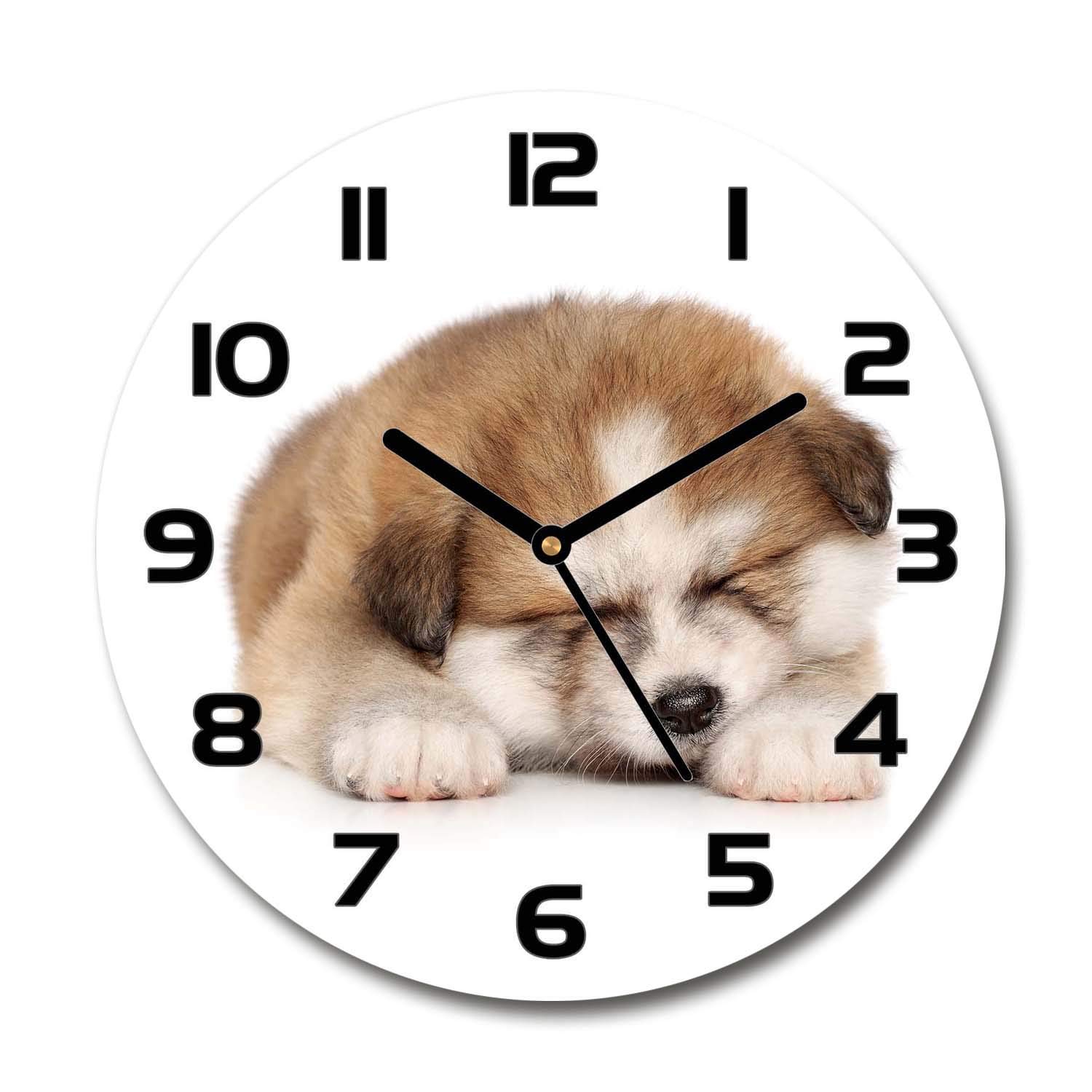 Horloge en Verre 60x60cm Tulup Chiot Akita Aiguilles Noires Déco