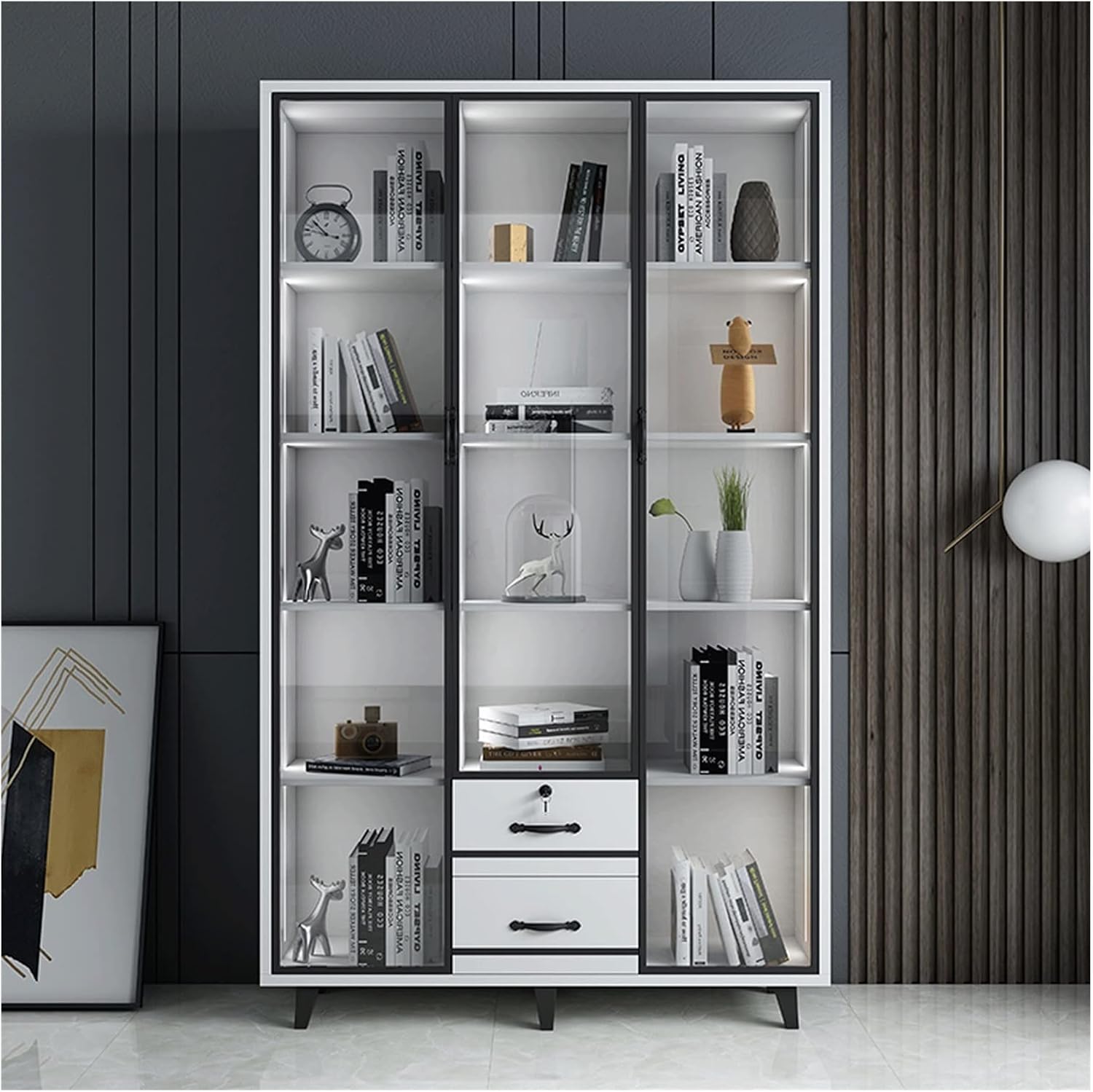 Book Shelf White Bookcase FloortoCeiling Glass Door Fashion Bookshelf