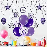 Vista 184 de Juego de decoraciones para fiesta de cumpleaños número 16, serpentinas moradas con soporte de globo de mesa morado, decoraciones de fiesta