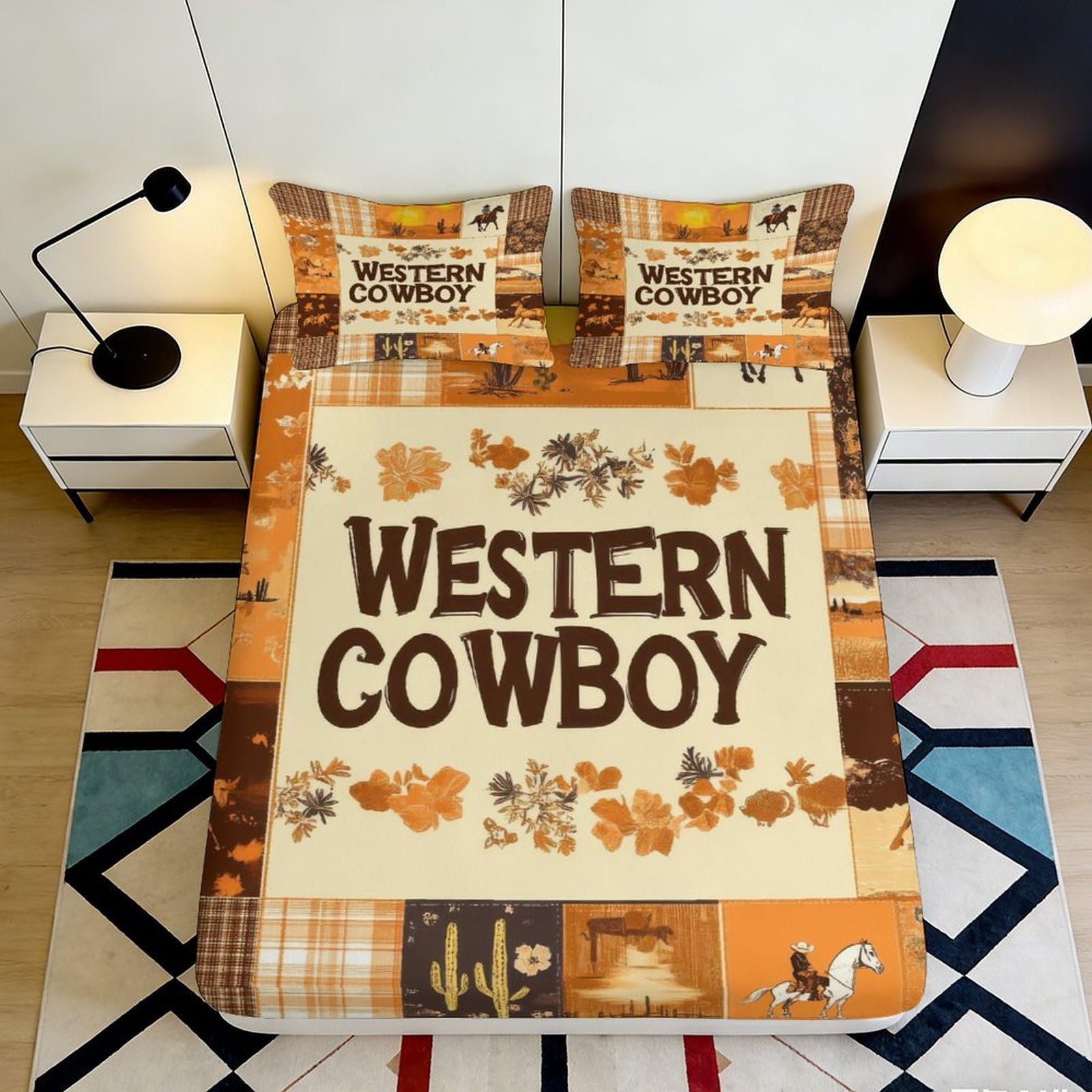 3D Printed Western Cowboy Fitted Sheet Microfiber Deep Pocket Non-Slip Bedroom Bedding Western Cowboy Mattress Fitted Cover Elastic Hem Washable for Adults 200x200x25cm