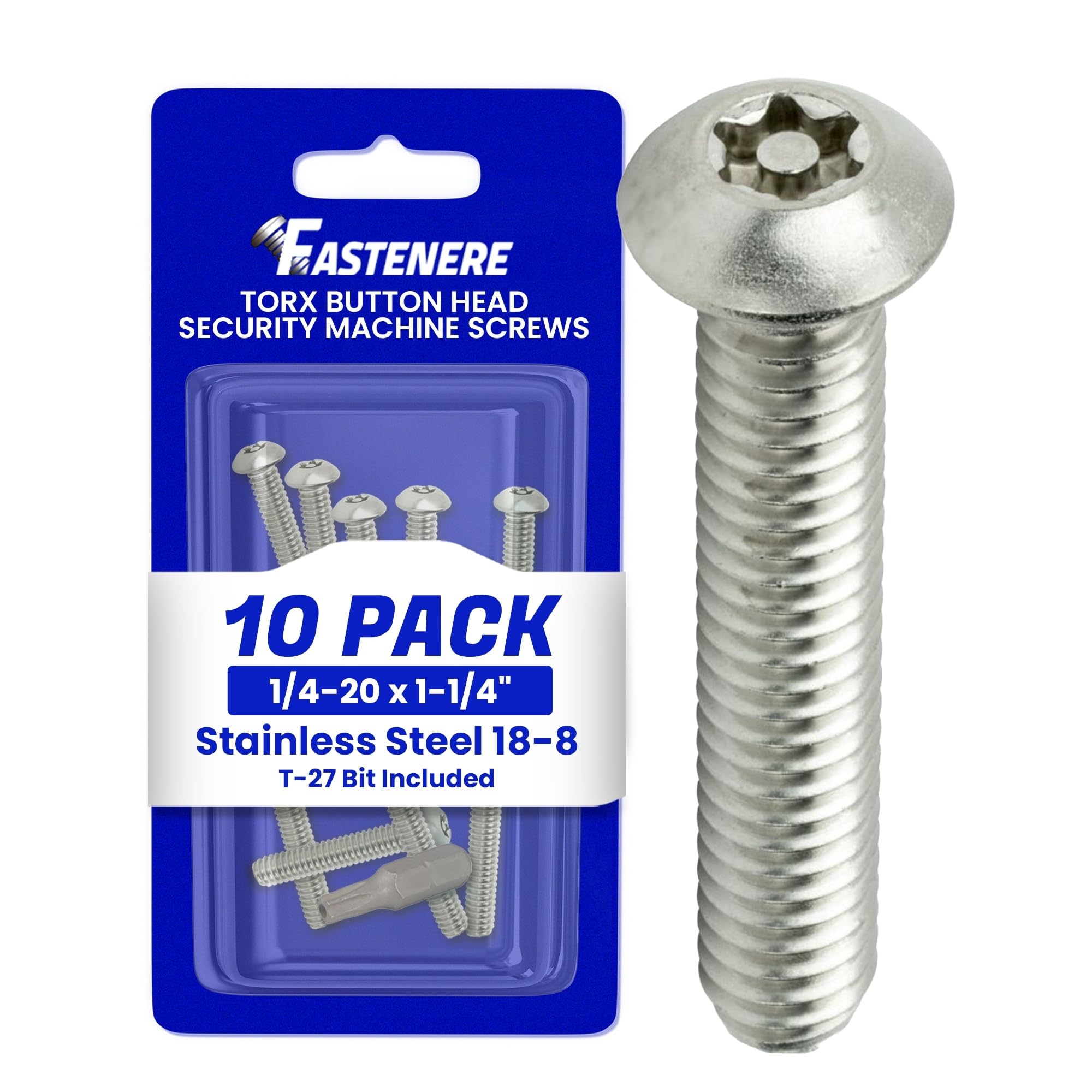 Fastenere Torx Security Machine Screws - 1/4-20 x 1-1/4" (10-Pack) Stainless Steel, Tamper-Resistant, Button Head Screws, Bolt Screw for Higher Level of Safety & Theft Prevention
