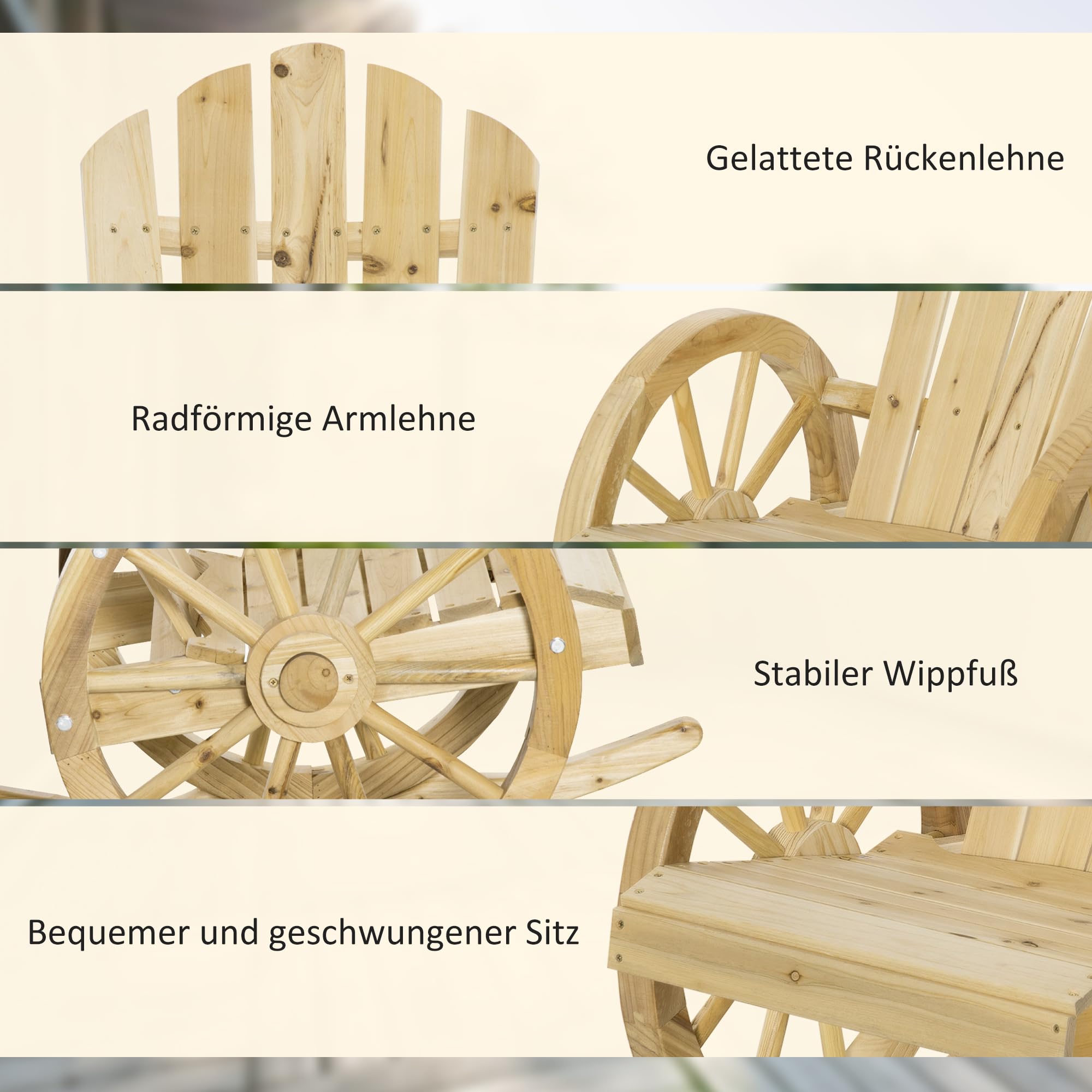 Outsunny Schaukelstuhl, Schwingsessel, Gartenstuhl mit Rollen-Design, Rustikaler Relaxstuhl, Naturholz, Massivholz, 68 x 88 x 92 cm