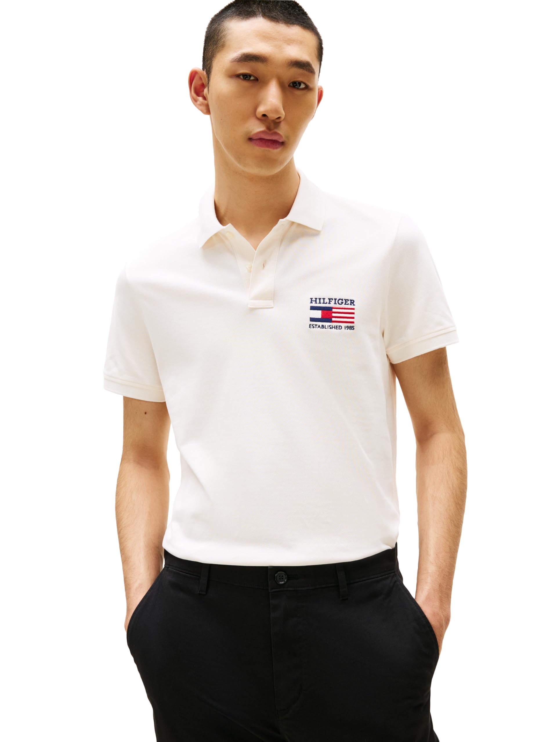 Tommy Hilfiger Men's Ivory Petal / Flag Embroidered Short Sleeve Polo Shirts In Regular Fit With Stretch And Organic Pique Cotton, Ivory Petal/Flag Embroidered, Xxl