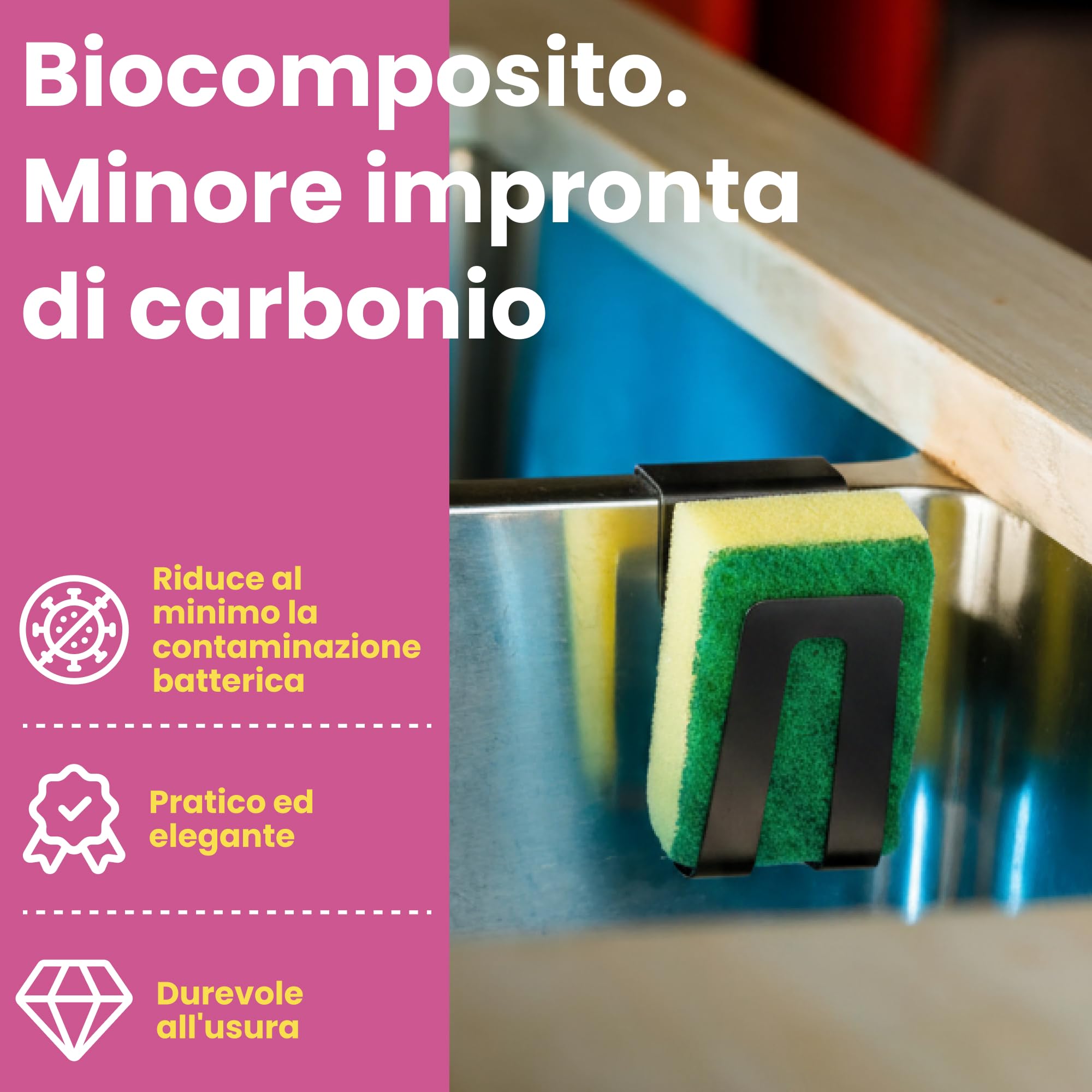 Porta spugna magnetico per lavello della cucina - Magnete potente - Organizer per lavello della cucina - Porta spugna per lavello (biocomposito)