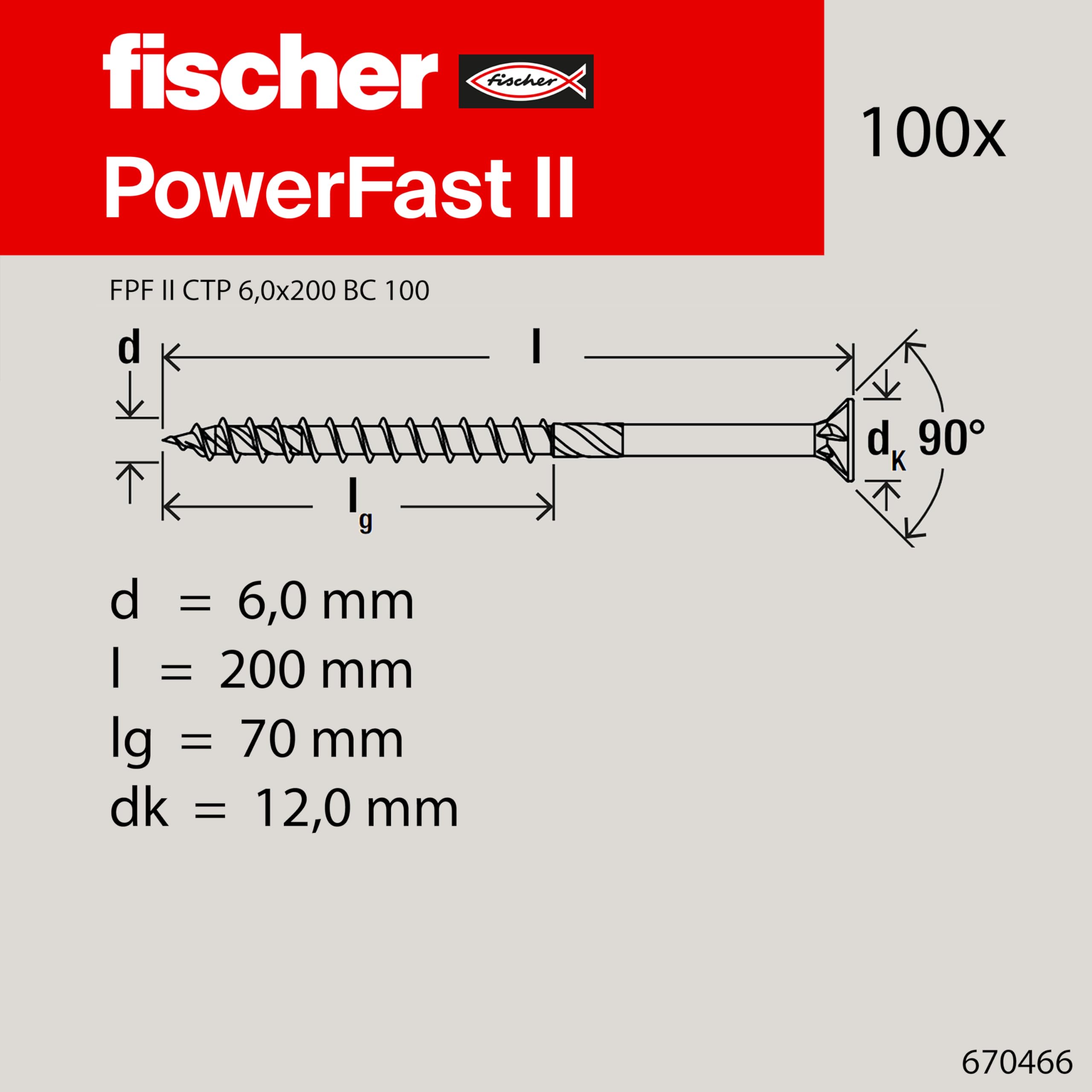 Fischer Viti Power Fast II FPF CTP 6,0x200 per Legno, Filetto Parziale, Torx, Testa Svasata Piana, Zincatura Bianca (100 Pz.)
