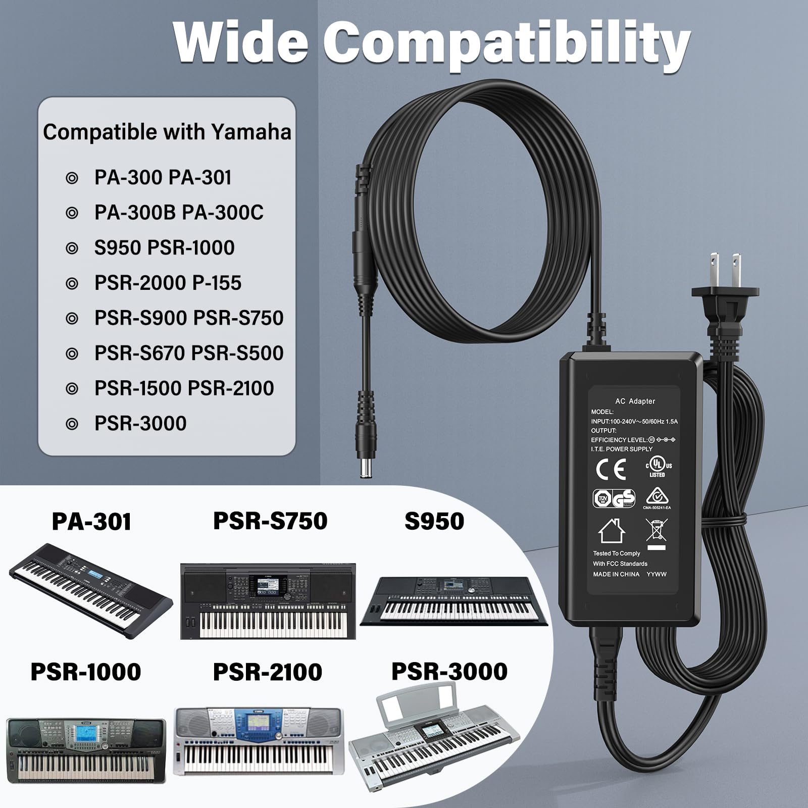 16V 2.5A for Yamaha PA-300 Charger Power Cord for Yamaha PA300 PA-301 PA-300B PA-300C P-120S P-120 S Pro ES XS Synthesizer PSR PSR-S PSRS PSR-1000 PSR-S500 Keyboard Piano AC DC Adapter Plug Cable Wire