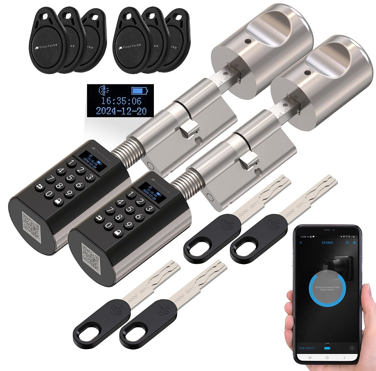 VisorTech Elektronisches Schloss: 2er-Set elektronische Tür-Schließzylinder, Display, Code, Transponder (Türschloss mit Code und Schlüssel, Schloss ZigBee, RFID)