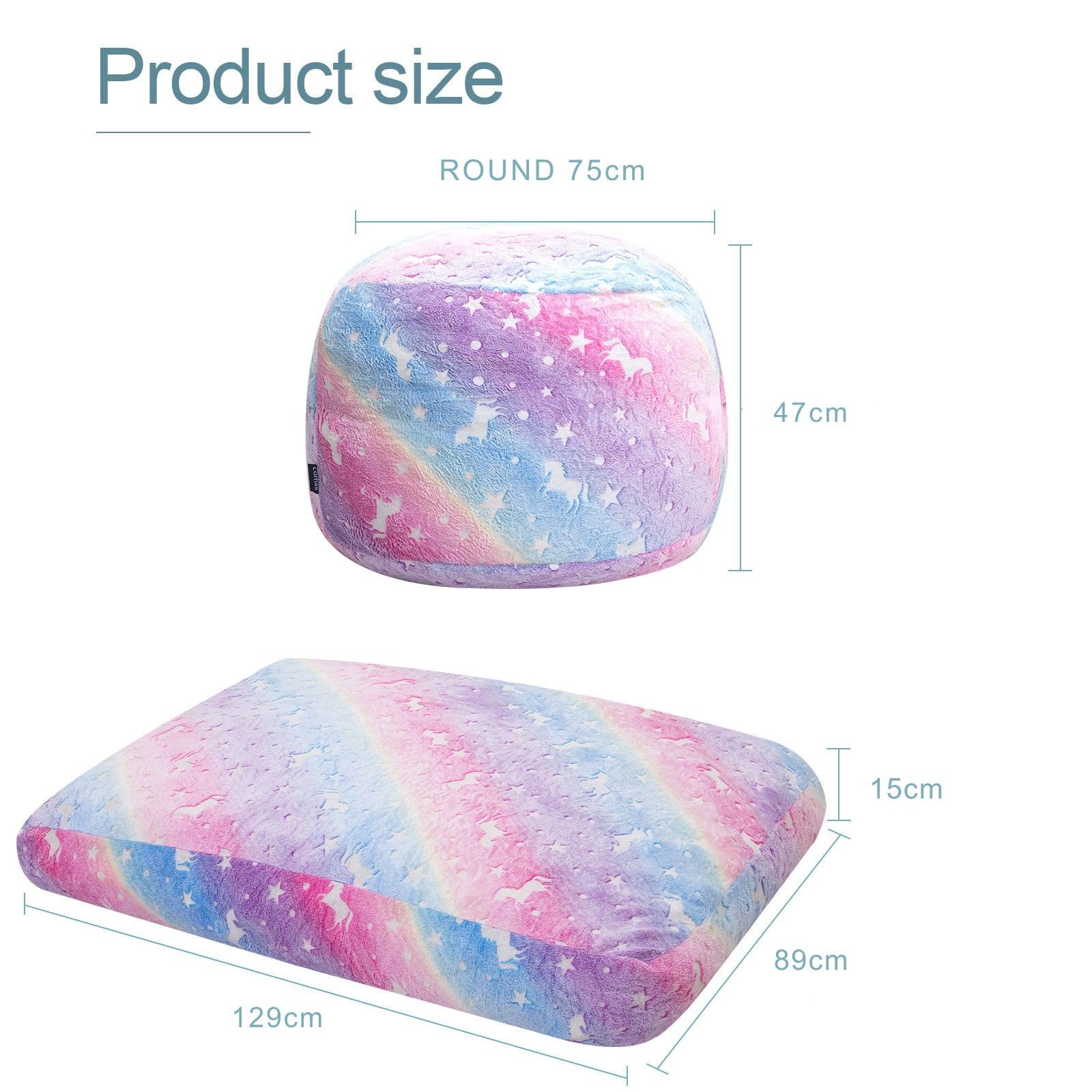 MeMoreCool Pouf poire pour enfants se transforme en pouf, fauteuil poire pour enfant fille et garçon, lit - Canapé pour enfants paresseux avec rembourrage - 75 x 75 x 47 cm, licorne lumineuse
