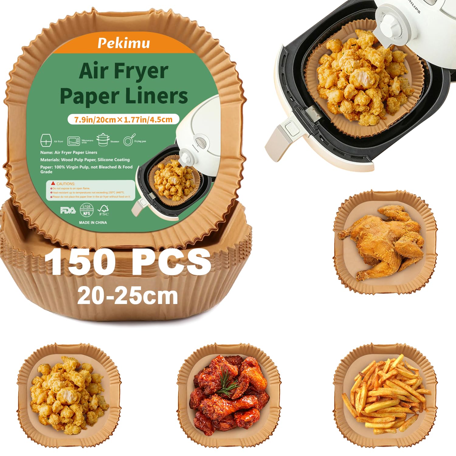 Pekimu 150 Stück Backpapier für Heißluftfritteuse XXL 5-7,5 L, 150 Stück 20x20 cm Antihaft Airfryer Papier, Kompatibel mit COSORI, Philips, Tefal, Ninja & mehr - Einweg Pergamentpapier für Air Fryer