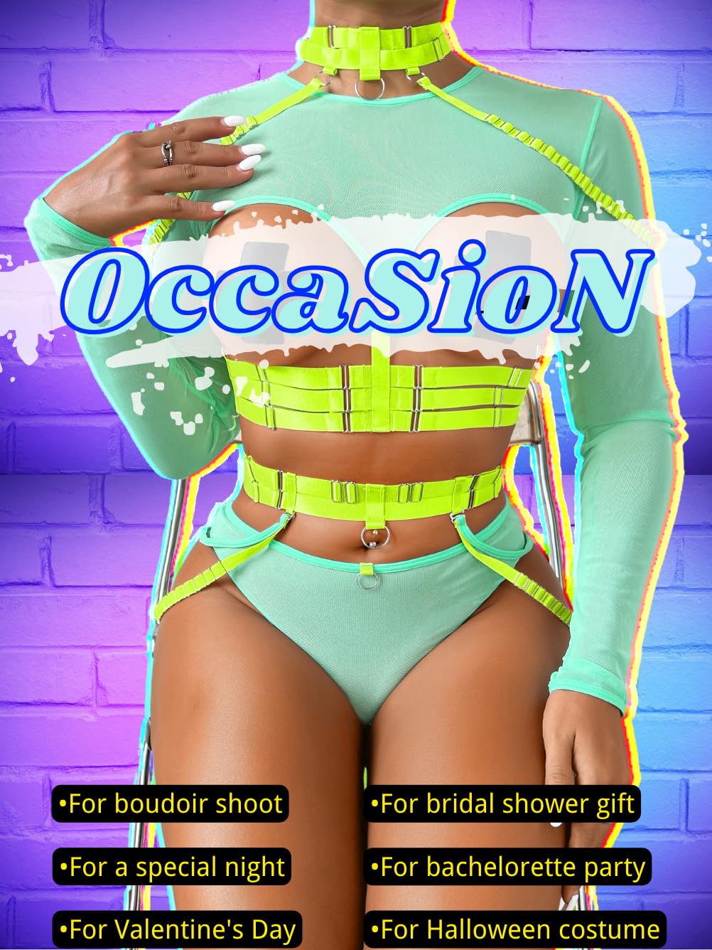 Kaei&Shi Rave Outfit, Adjustable Strappy, Contrast Color, Choker, Chain Belt: Mint-neon Green 12