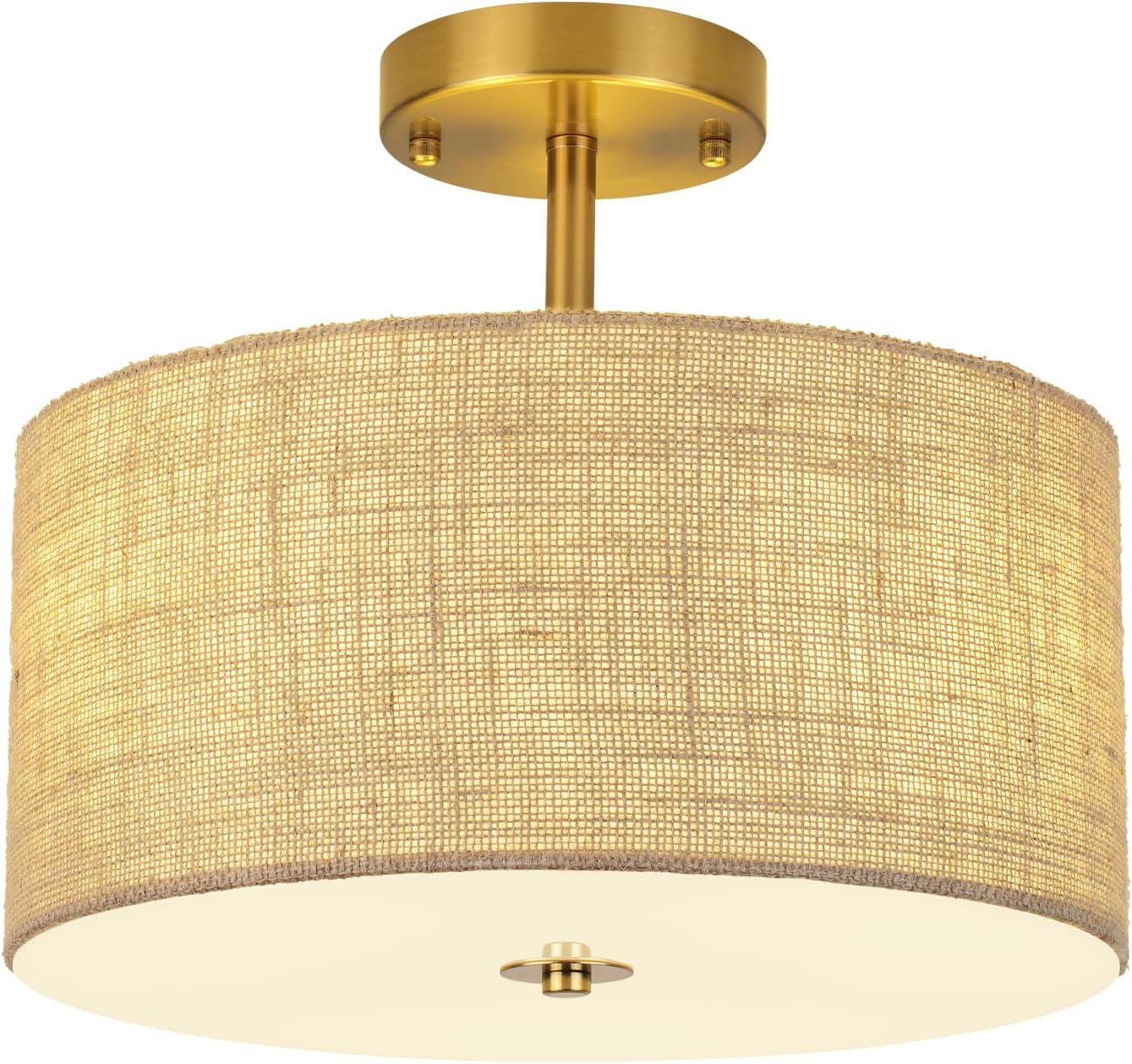 13 Inch Modern Semi Flush Mount Ceiling Light Fixture, Gold Drum Lamp with Textured Woven Linen Burlap Shade, Rustic Farmhouse Boho Lighting for Bedroom, Kitchen, Hallway, Entryway Room