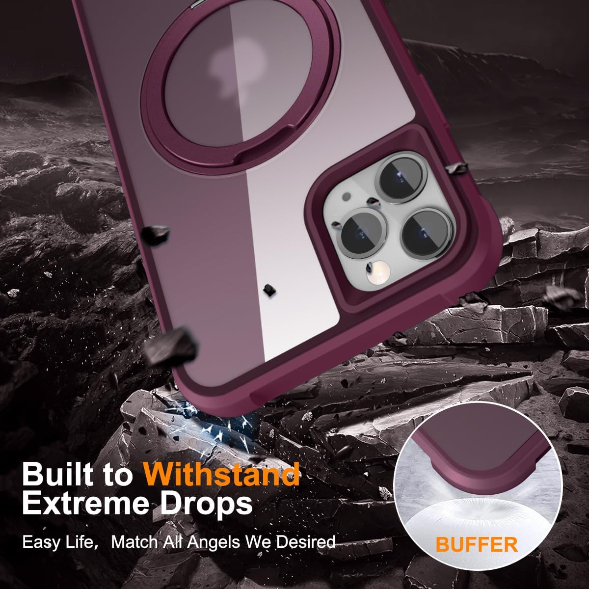 for iPhone 11 Pro Max Case with 360° Rotatable Magnetic Ring Stand [Compatible Mag-Safe] [Military Grade Protection] Translucent Matte 11 Pro Max Phone Cases for Women Men 6.5'', Wine Red