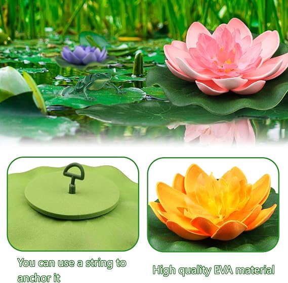 QUOZUO 10 Pack Artificial Floating Foam Lotus Flowers with Artificial Frog Lotus Leaves, Lily Pads for lake, Pond Plants Ornaments for Pool Water Decoration, Colorful