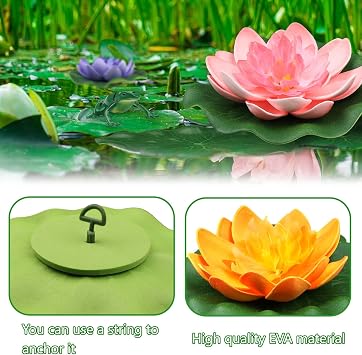 QUOZUO 10 Pack Artificial Floating Foam Lotus Flowers with Artificial Frog Lotus Leaves, Lily Pads for lake, Pond Plants Ornaments for Pool Water Decoration, Colorful