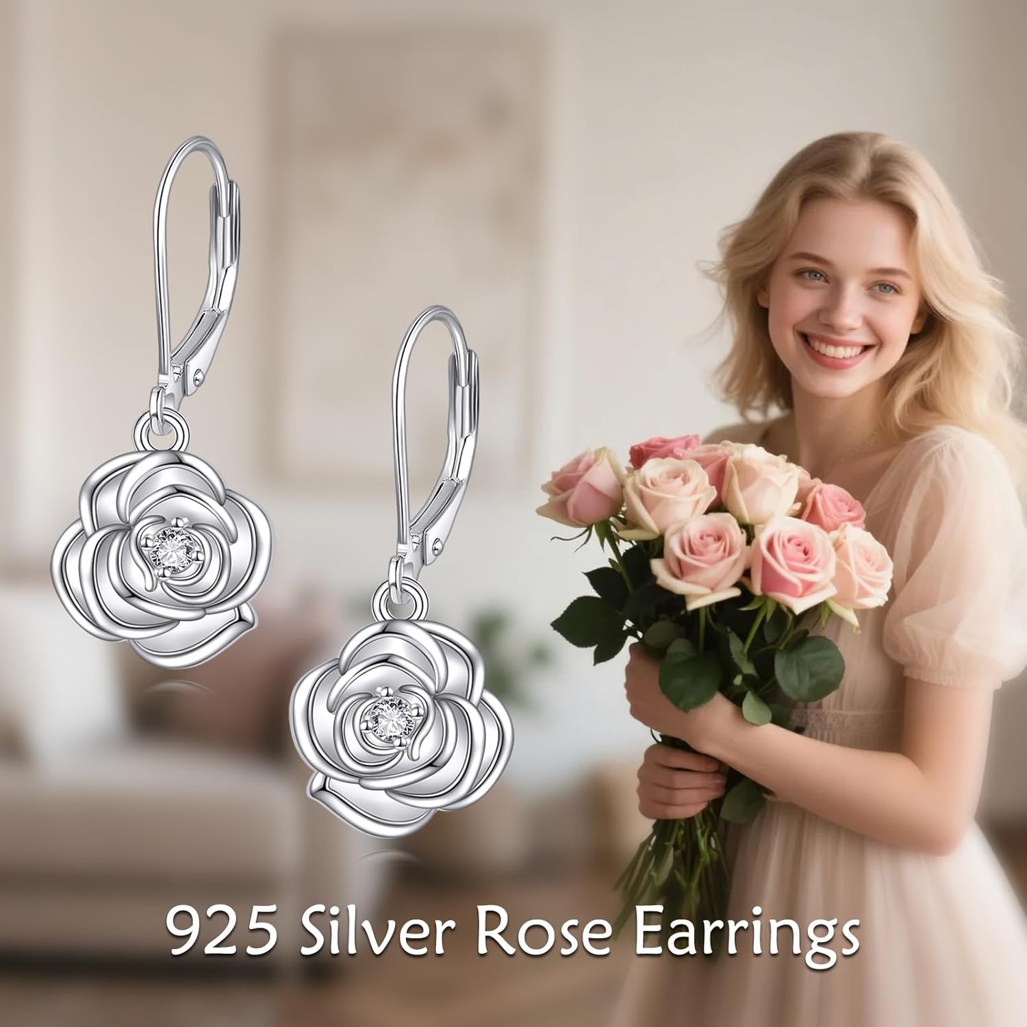 VONALA Rose Flower Earrings 925 Sterling Silver Vintage Rose Leverback Earrings Flower Dangle Drop Earrings Halloween Jewelry Gift for Women