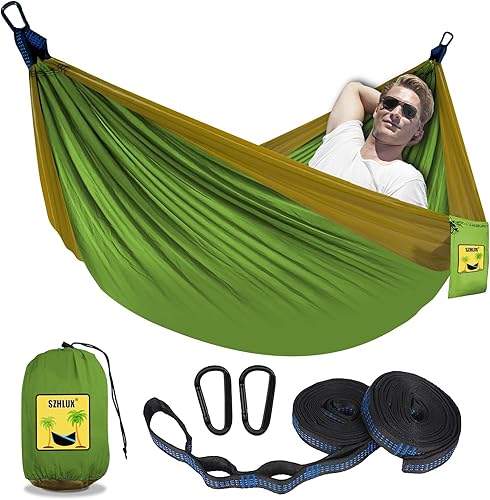 Miniatura 1 de SZHLUX Hamaca de camping doble portátil, accesorios de campamento y equipo de campamento, ideal para senderismo, al aire libre, playa, campamento,