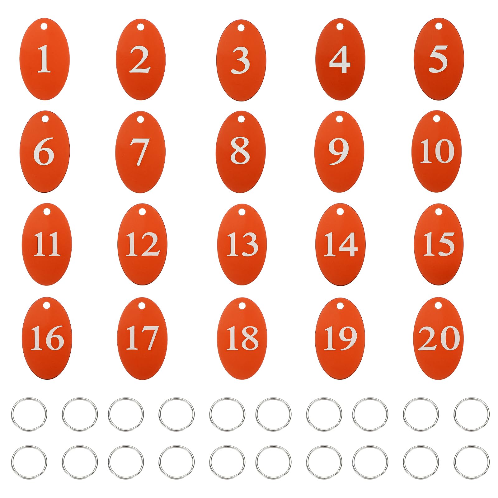 PATIKIL 20PCS Number Tags 1-20, Table Number Key Tags Aluminum Numbered Keychain Metal Oval with Key Rings for Organizer Field Sales Hangers Clothes Labels ID, Orange