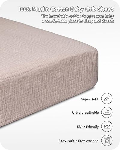 Miniatura 2 de Sábanas de muselina para cuna, 100% algodón, ajustadas para colchón de cuna estándar y colchón de cama de niño pequeño de 52 x 28 pulgadas, suaves y