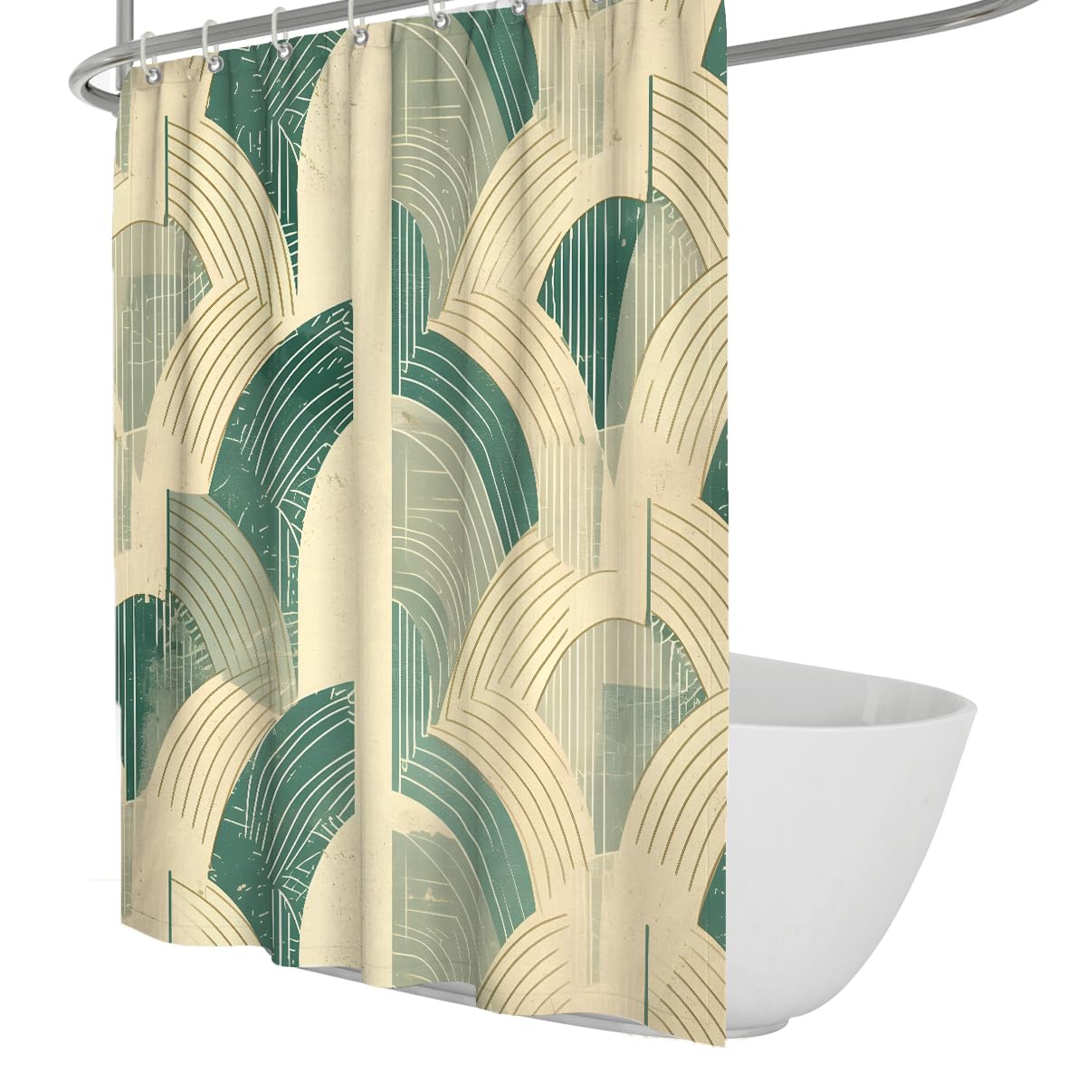 Uiringart Shower Curtains Green Art Deco Geometric Arches W180xl200cm Retro Abstract Anti Mould Waterproof Bathroom Shower Screen Decor With Hook