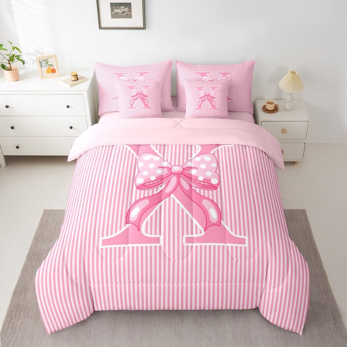 Feelyou Pink Bowknot Comforter Set Twin Size 7 Pieces Dreamy Princess Bow Bedding Set for Kids Boys Girls Personalized Letter X Bed in a Bag with Comforter, Sheets, Pillowcases, Cushion Covers