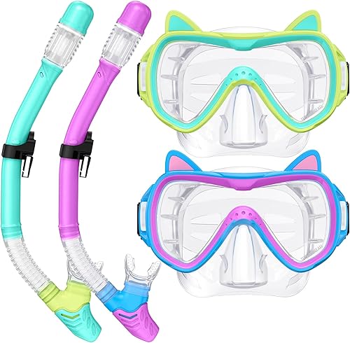 2025 Cute Kitten Kids Snorkel Set,Pastel Colors, Anti-Fog Tempered Glass Snorkeling Gear for Kids Age 6 and up Ideal for Birthdays or Graduation