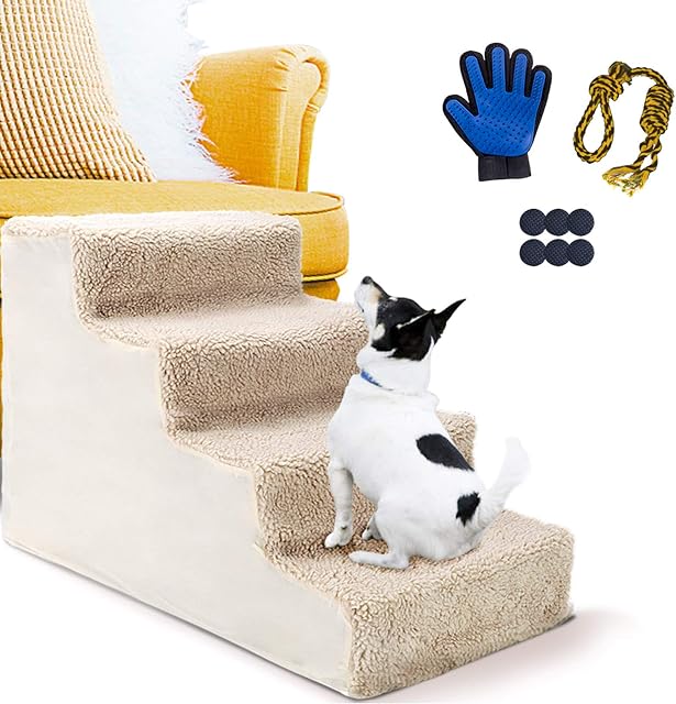 Masthome Dog Steps for Bed, 4-Step Dog Stairs for High Bed Sofa with Non-slip Plush Cover, Pet Ramp Stairs for Dogs & Cats - Send Rope Toy & Pet Glove & 6pc Non-slip Stickers