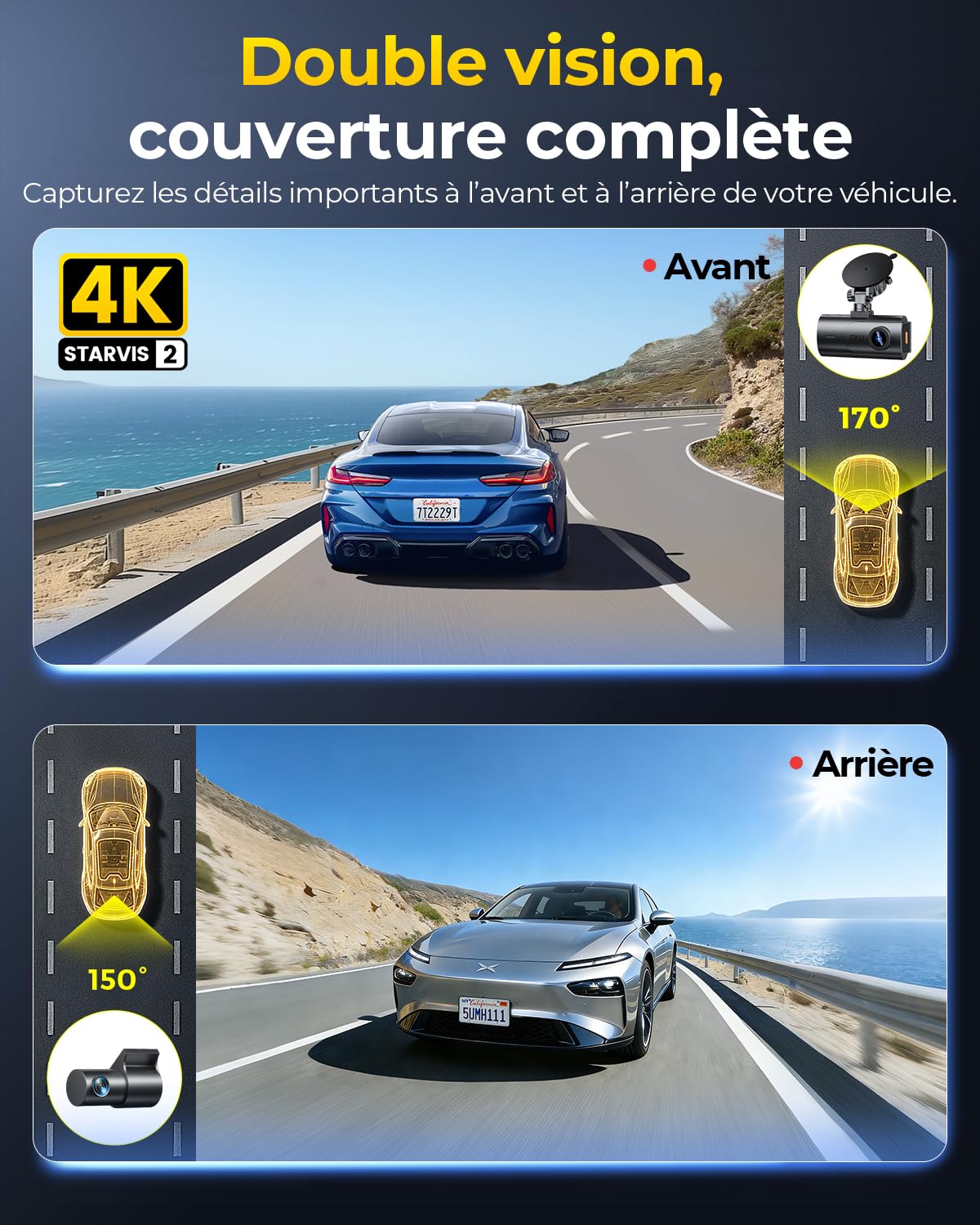 GKU Caméra de Tableau de Bord de Voiture Avant et arrière 4K avec STARVIS 2, écran IPS 3", WiFi 6, GPS, Enregistrement en Boucle, préenregistrement en Collision, Prend en Charge 512 Go Maximum