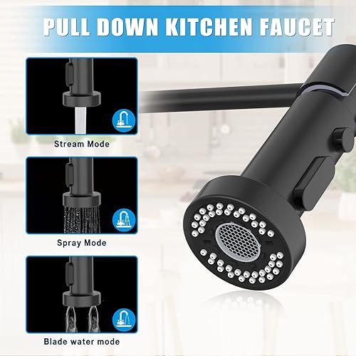 Miniatura 7 de Aquablade - Grifo de cocina con rociador extraíble, grifos de fregadero de resorte negro mate, grifo de una sola manija para 1 agujero o 3 agujeros