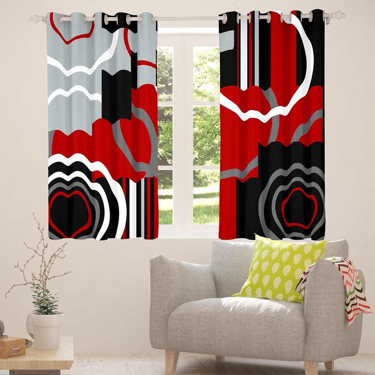 Feelyou Kids Red and Black Curtains for Bedroom Living Room (2 Panels, 42 x 63 Inch) Circle Darkening Drapes for Decor Geometric Square Blackout Curtains Modern Art Red Window Treatments s